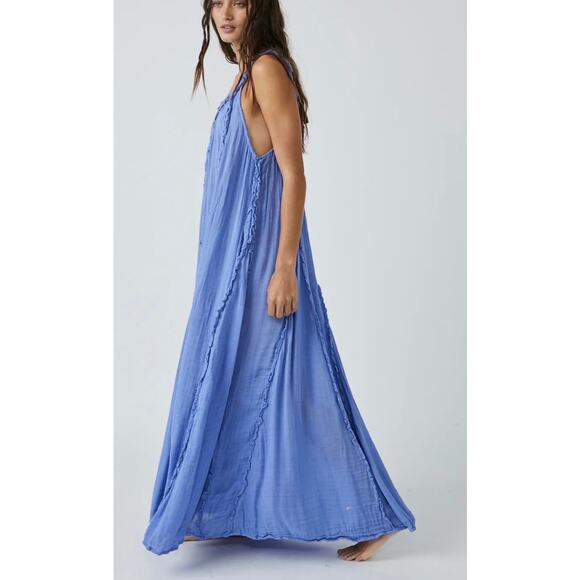 Free People Medium Maxi Dress Blue Iris Textured Cotton Blend Spaghetti Straps - Picture 1 of 6